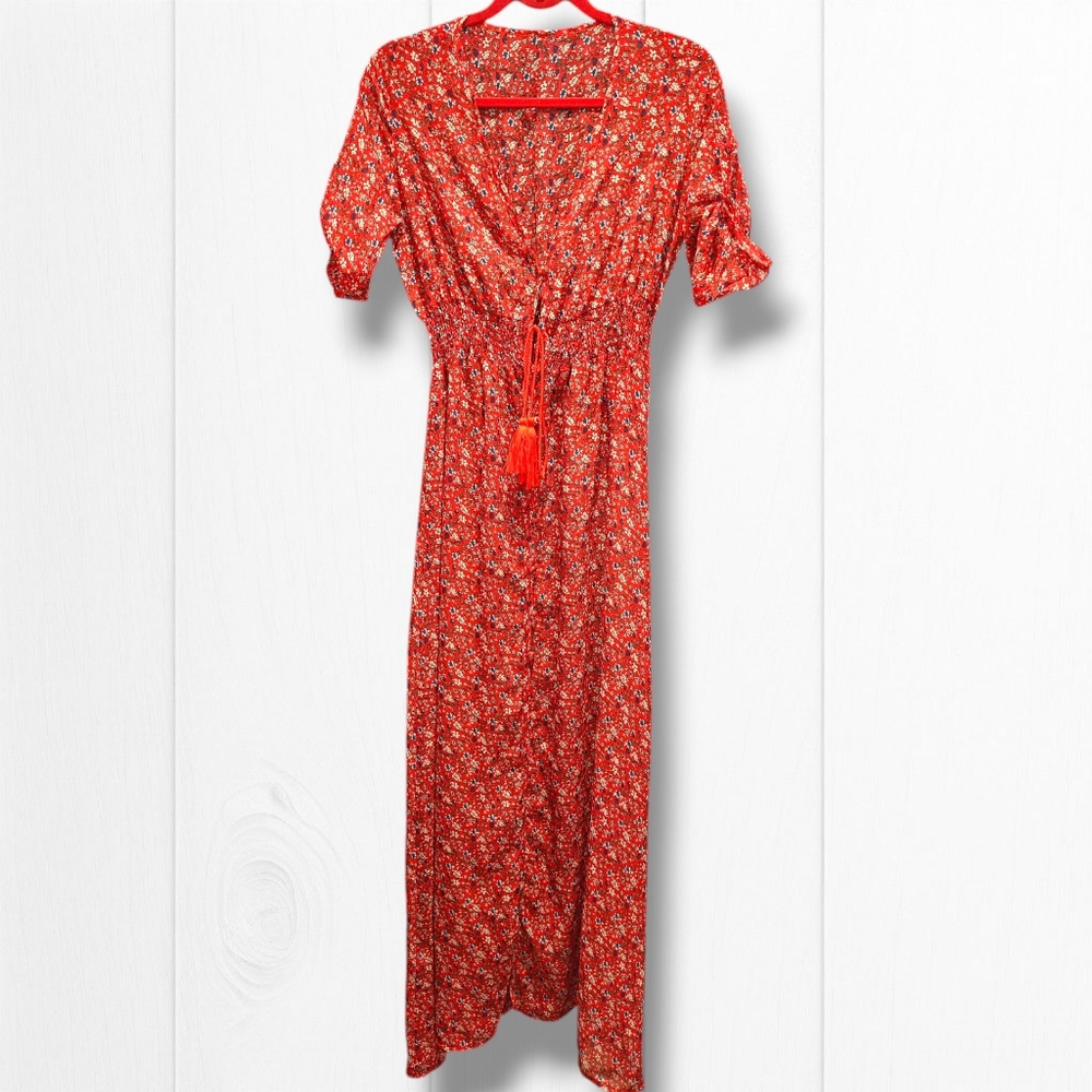 EQ Women Red Cotton Button Down Boho Maxi Dress Size M